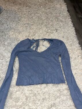 Arizona Jean Company Denim-Blue Ribbed Long Sleeve Tie-Back Top